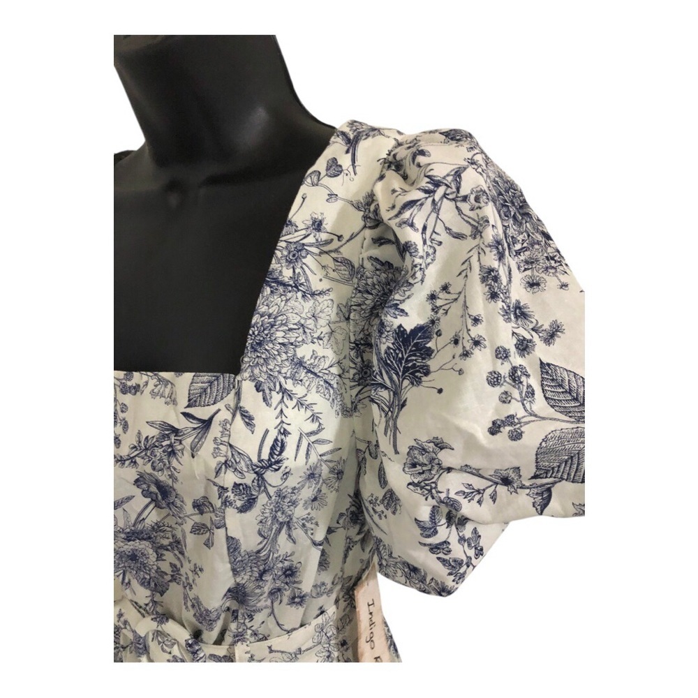 Cream‎ blue floral puff sleeve belted smocked square neck nap dress size medium - Picture 9 of 17